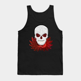 Decorative Lacy Floral Faux Red Glitter Eyes Skull Tank Top